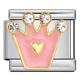 Pink crown charm with gold accents and a heart on a silver base.