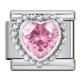 Jewelry charm with pink heart-shaped gem and silver border on a white background