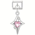 Silver charm with a pink heart and clear stones on a white background