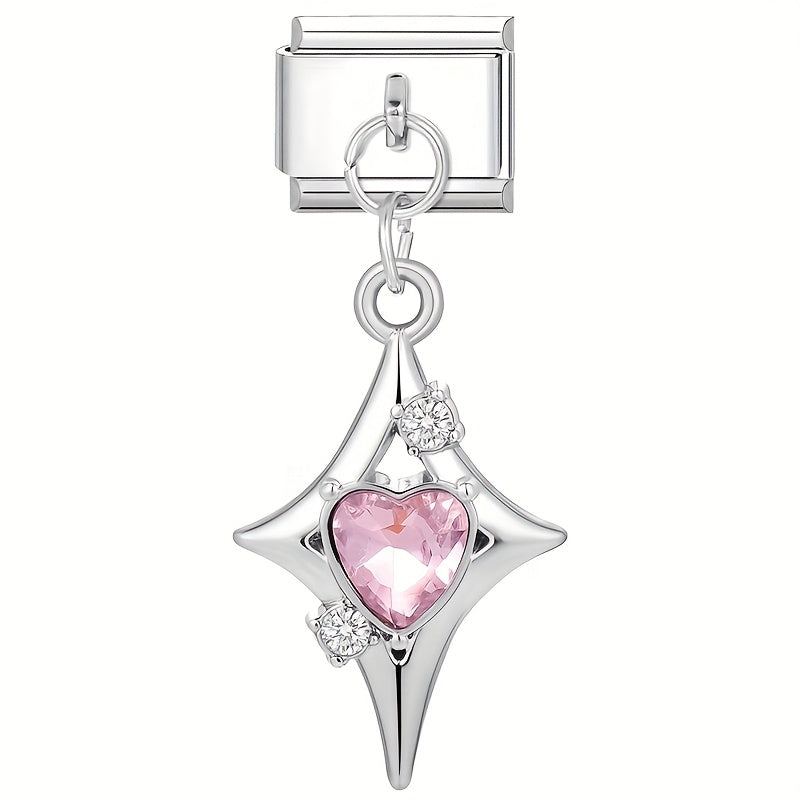 Silver charm with a pink heart and clear stones on a white background