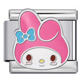 bunny Character charm with pink hair and blue bow on a white background