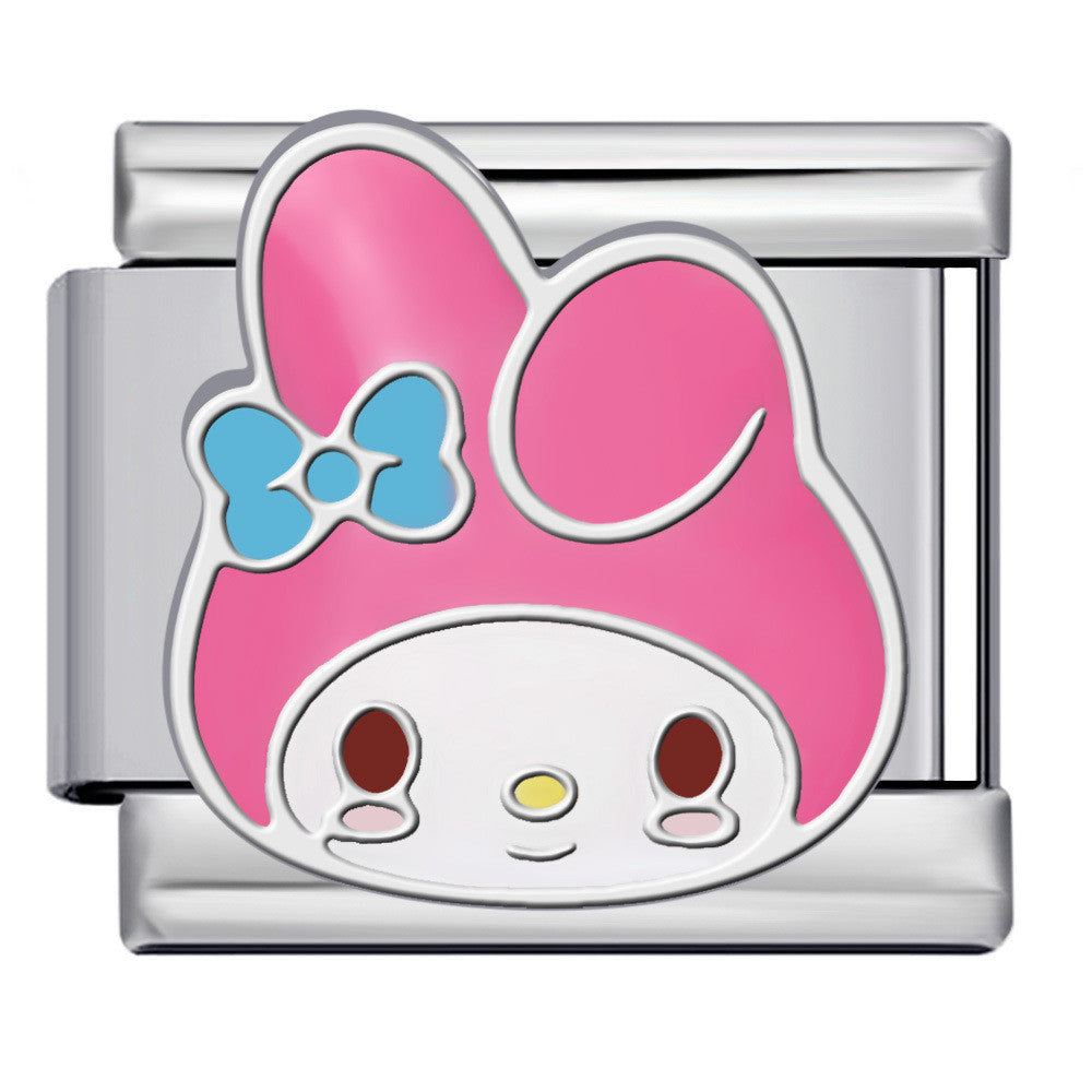 bunny Character charm with pink hair and blue bow on a white background