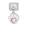 Silver charm with pink paw print and heart on a white background