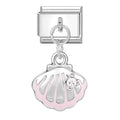 Silver charm with pink shell design on a white background