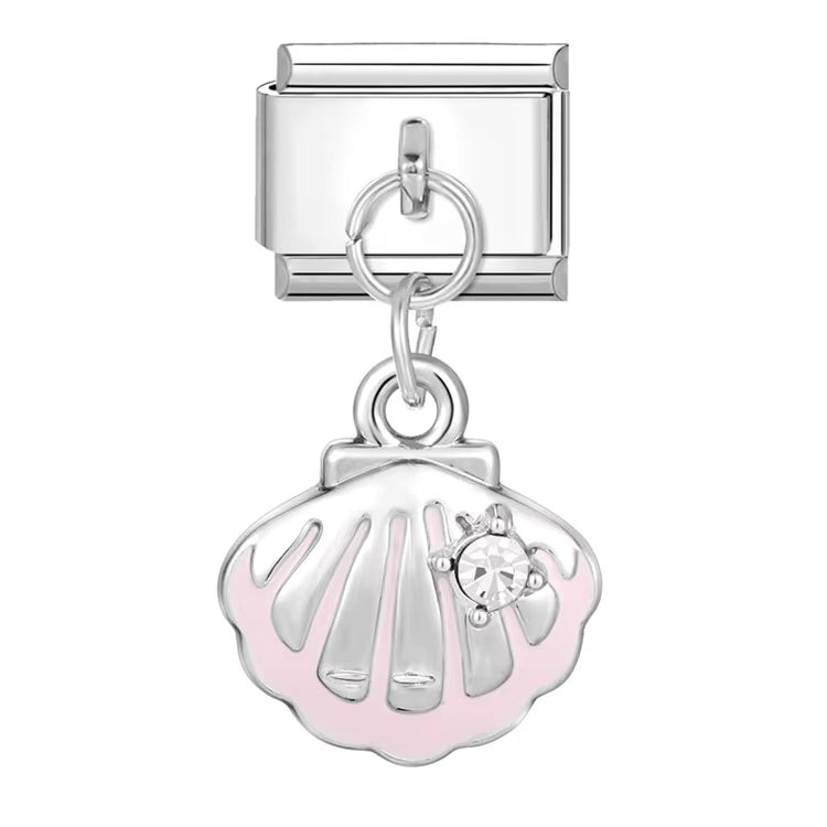 Silver charm with pink shell design on a white background