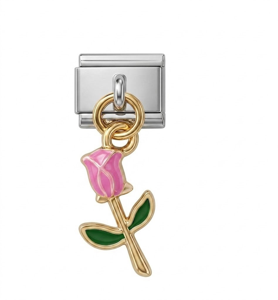 Charm with pink tulip design on a white background