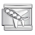 Silver airplane-shaped charm with embedded crystals on a white background