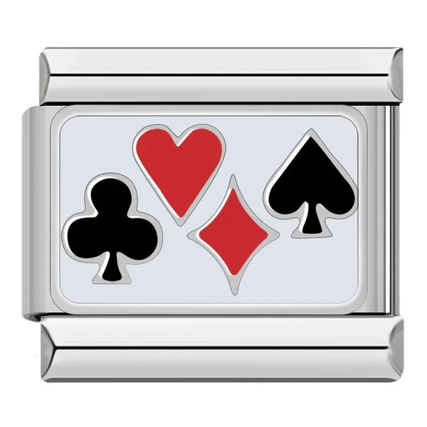 Silver charm with red hearts, black clubs, and red diamonds on a white background