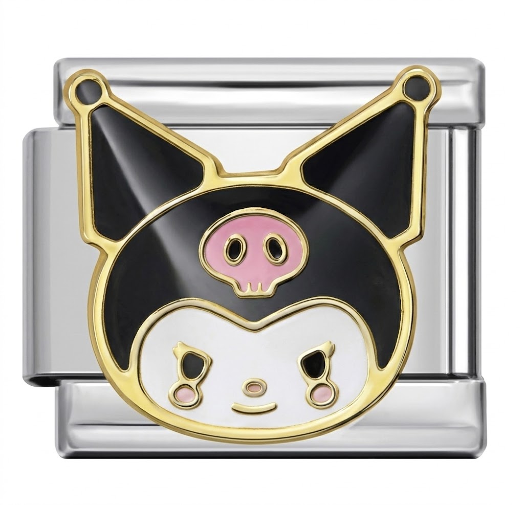 silver charm with black, gold, and pink cartoon design on a white background