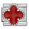 Silver charm with a red clover-shaped center on a white background