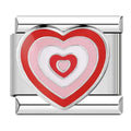 Heart-shaped charm with red, pink, and white layers on a silver base