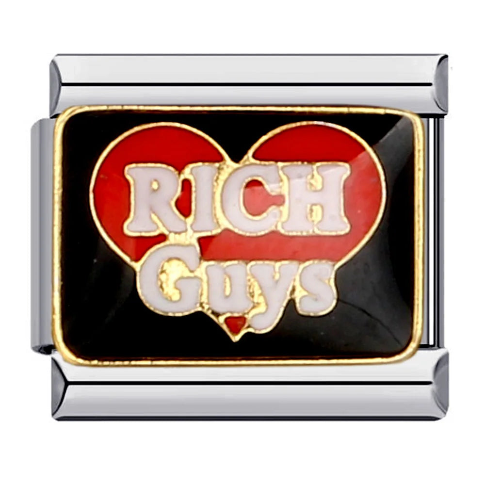 silver charm with 'Rich Guys' text on a red heart background