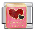 silver charm with heart design and 'Romance Reader' text on a pink background