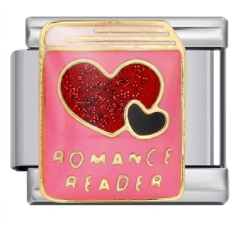 silver charm with heart design and 'Romance Reader' text on a pink background