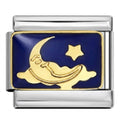 Gold moon and star design on a blue background with silver frame
