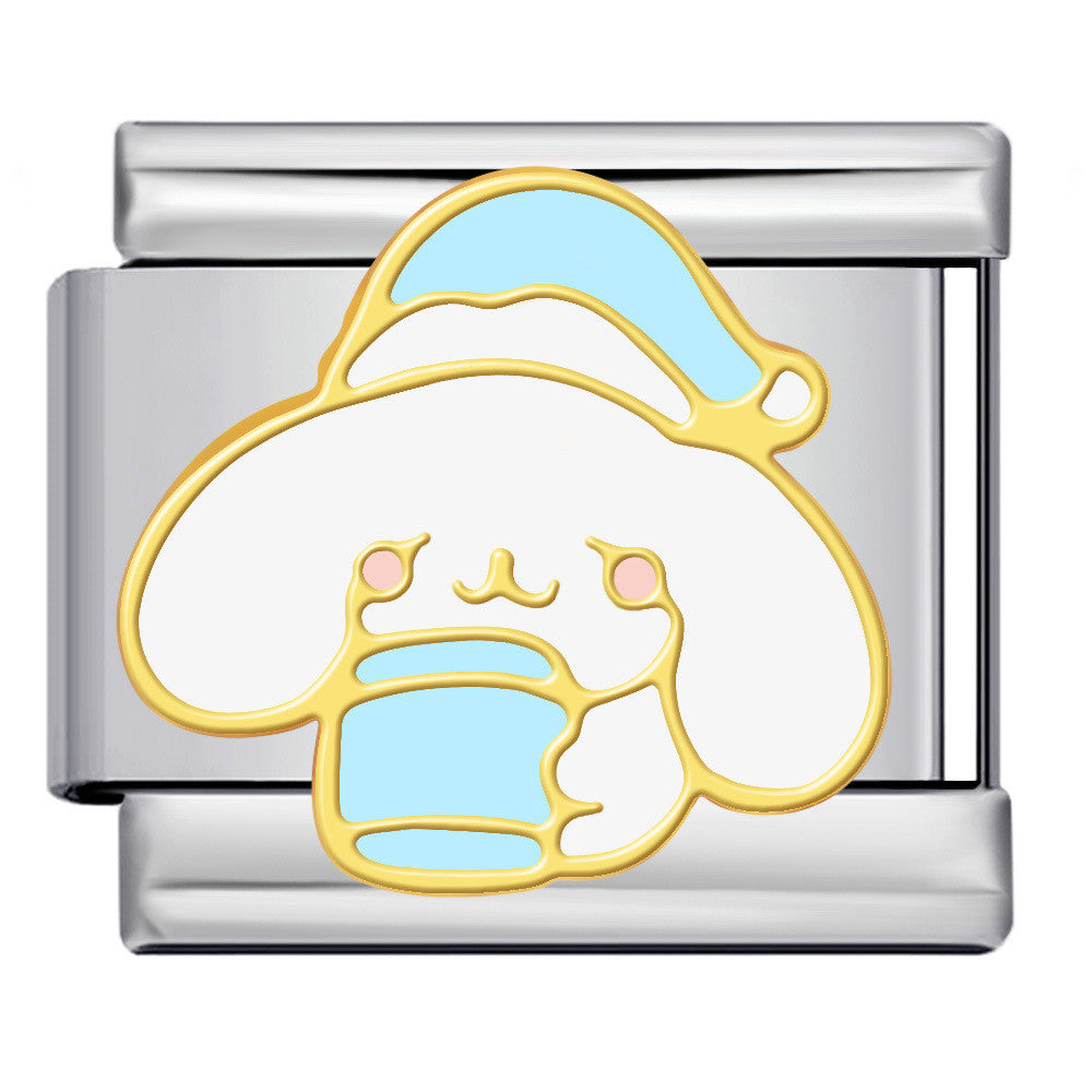 Silver charm with a cartoon character design on a white background