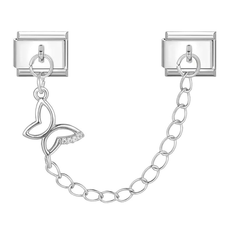 Silver sparkle butterfly charm chain on a white background
