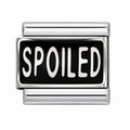 Spoiled quote charm with bold white lettering on black enamel background in silver frame