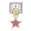 Silver charm with gold star and pink gemstones on a white background