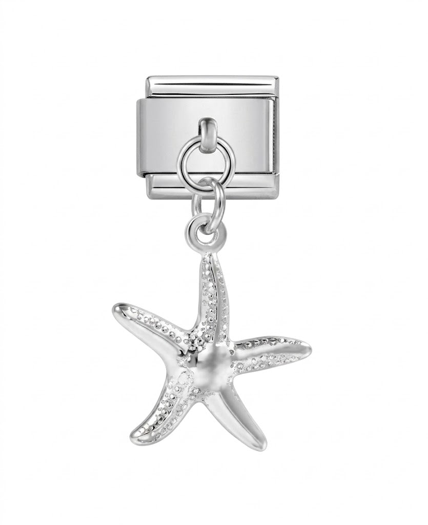 Silver charm with a starfish design on a white background