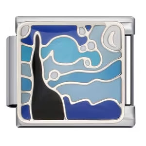 silver charm with abstract blue and black design on a silver background