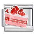 silver charm shaped like a slice of strawberry cake on a white background