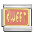 Gold and silver charm with 'SWEET' text on a pink background