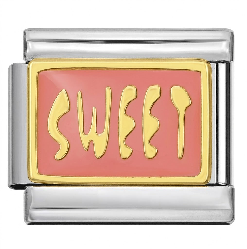 Gold and silver charm with 'SWEET' text on a pink background