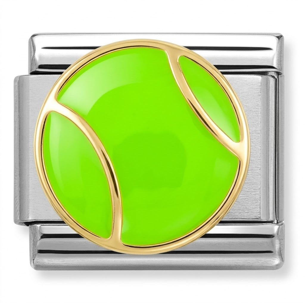 Silver charm with a green ball-like design on a white background
