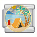 silver charm with a beach scene featuring a tent, palm tree, and surfboard on a white background.