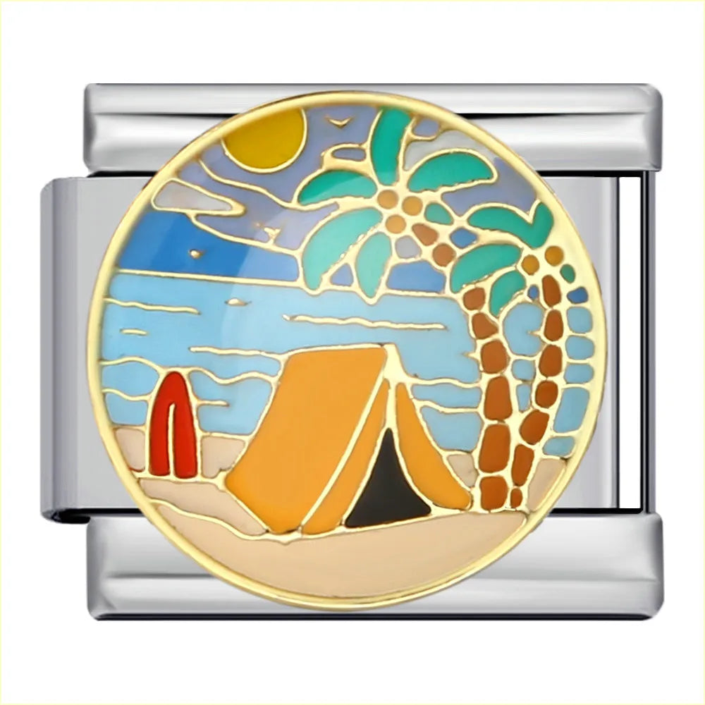 silver charm with a beach scene featuring a tent, palm tree, and surfboard on a white background.