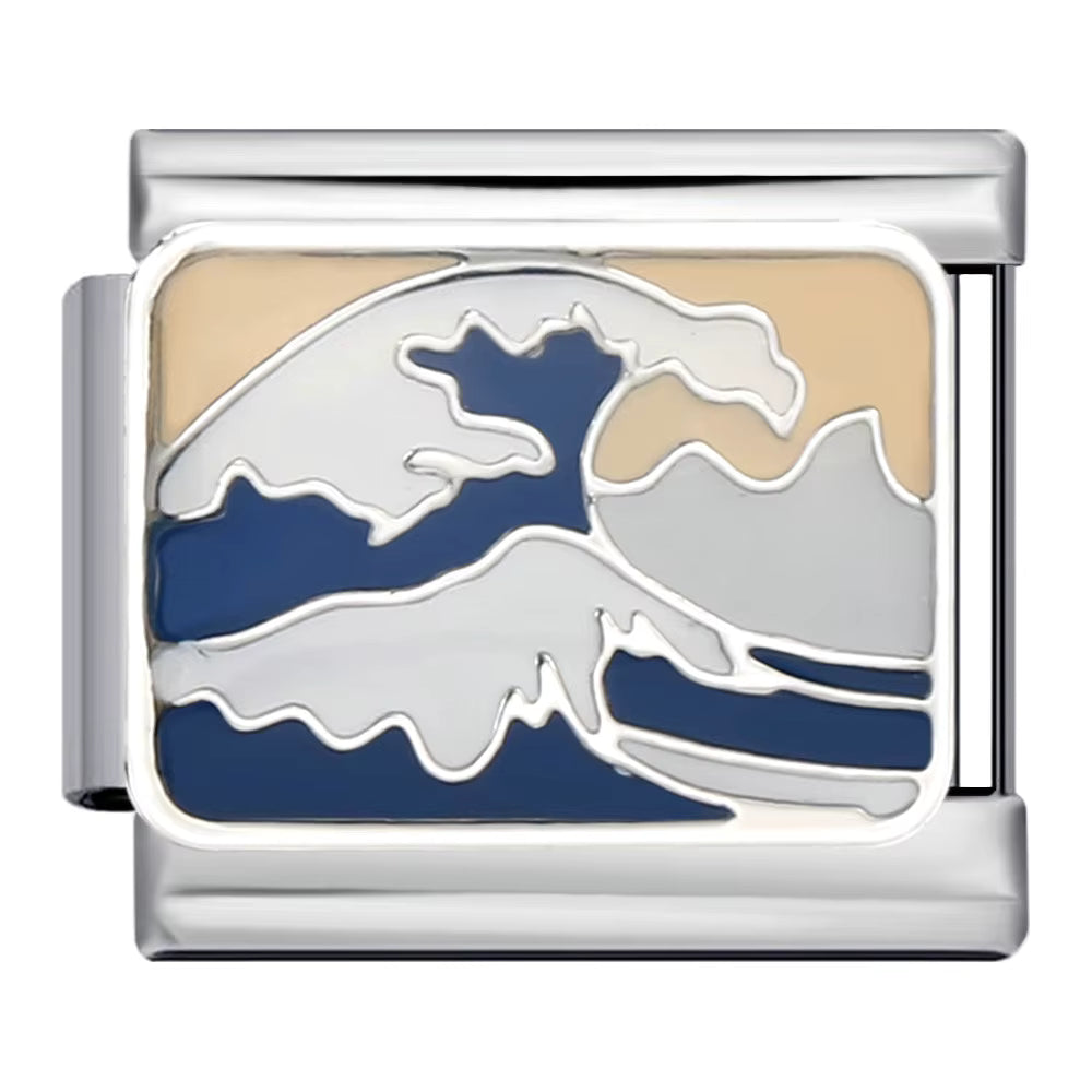 Silver charm with wave design on a beige background