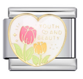Silver charm with heart-shaped design featuring pink and yellow tulips and 'Youth and Beauty' text on a white background.