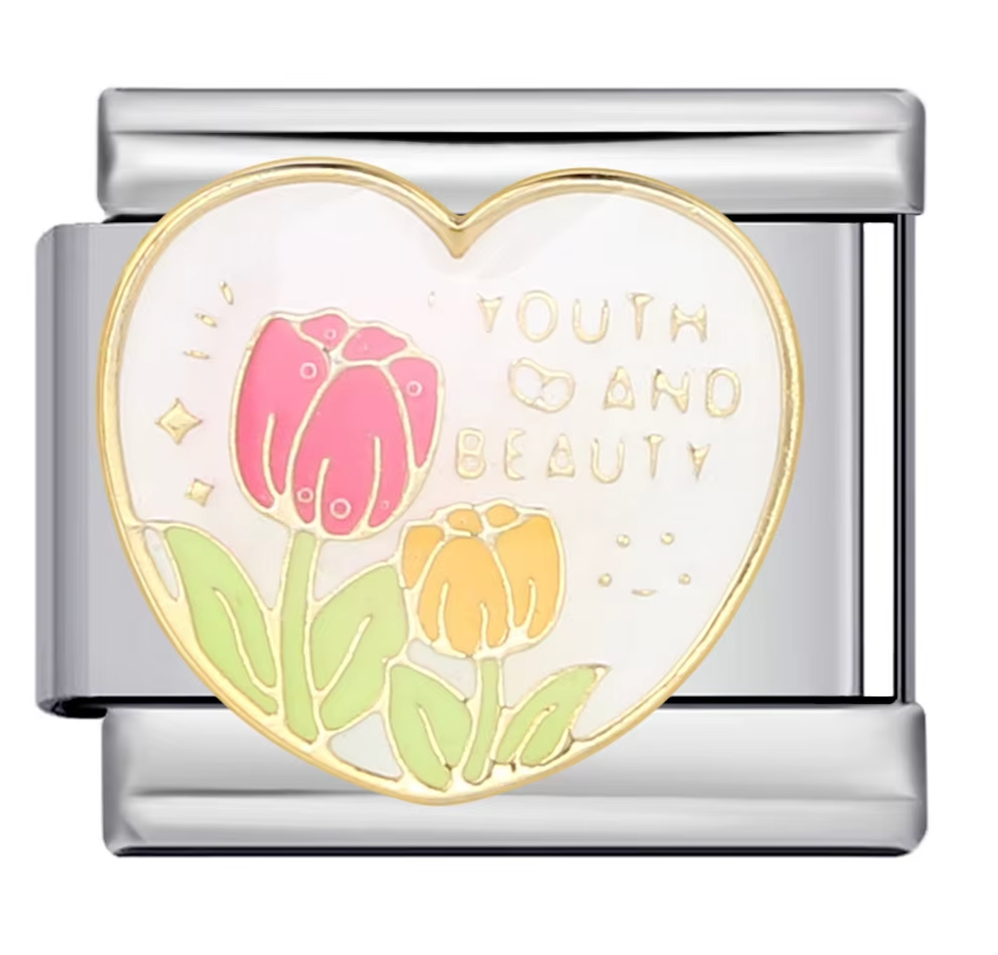 Silver charm with heart-shaped design featuring pink and yellow tulips and 'Youth and Beauty' text on a white background.