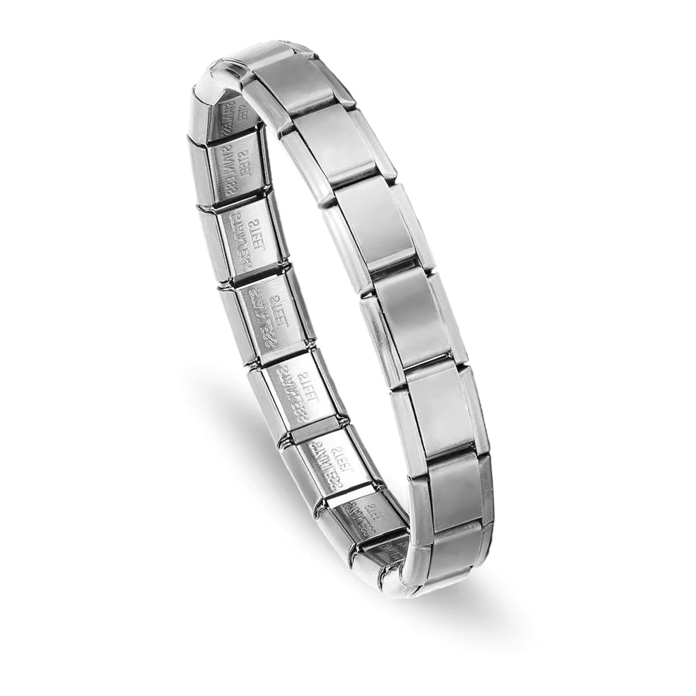 Silver Italian charm bracelet on a white background